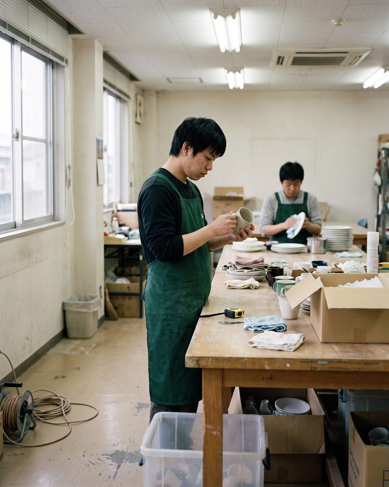 就労支援施設の検品コーナーで中古の食器の状態を確認する作業の様子